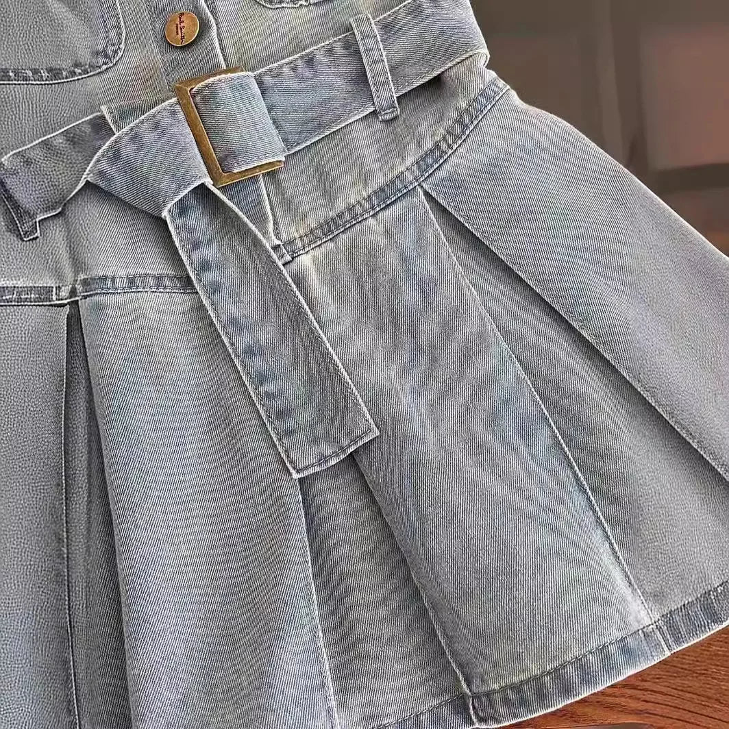 Girls Casual Sleeveless Shirt Collar Pleated Western Dress