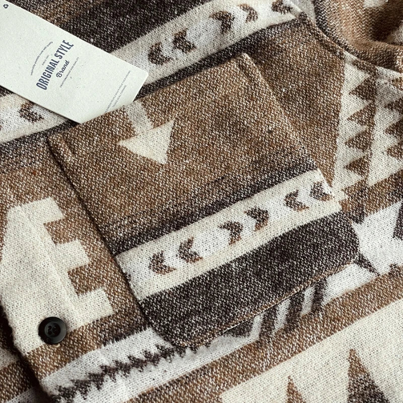 Bird Mountain Japanese Vintage Wool Shirt Ethnic Tribal Print Long Sleeve