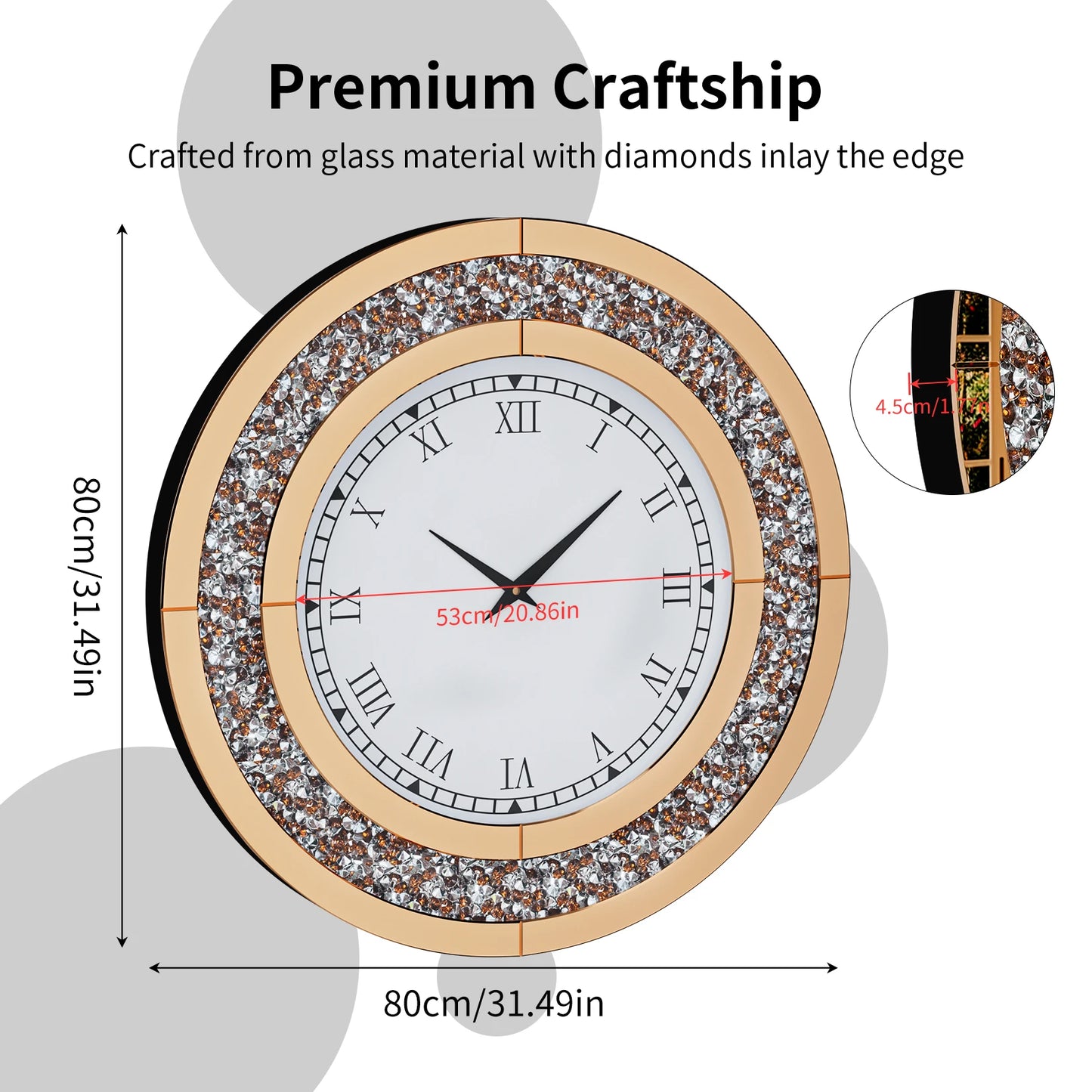 Round Mirrored Wall Clock with Crystal Sparkle Bling