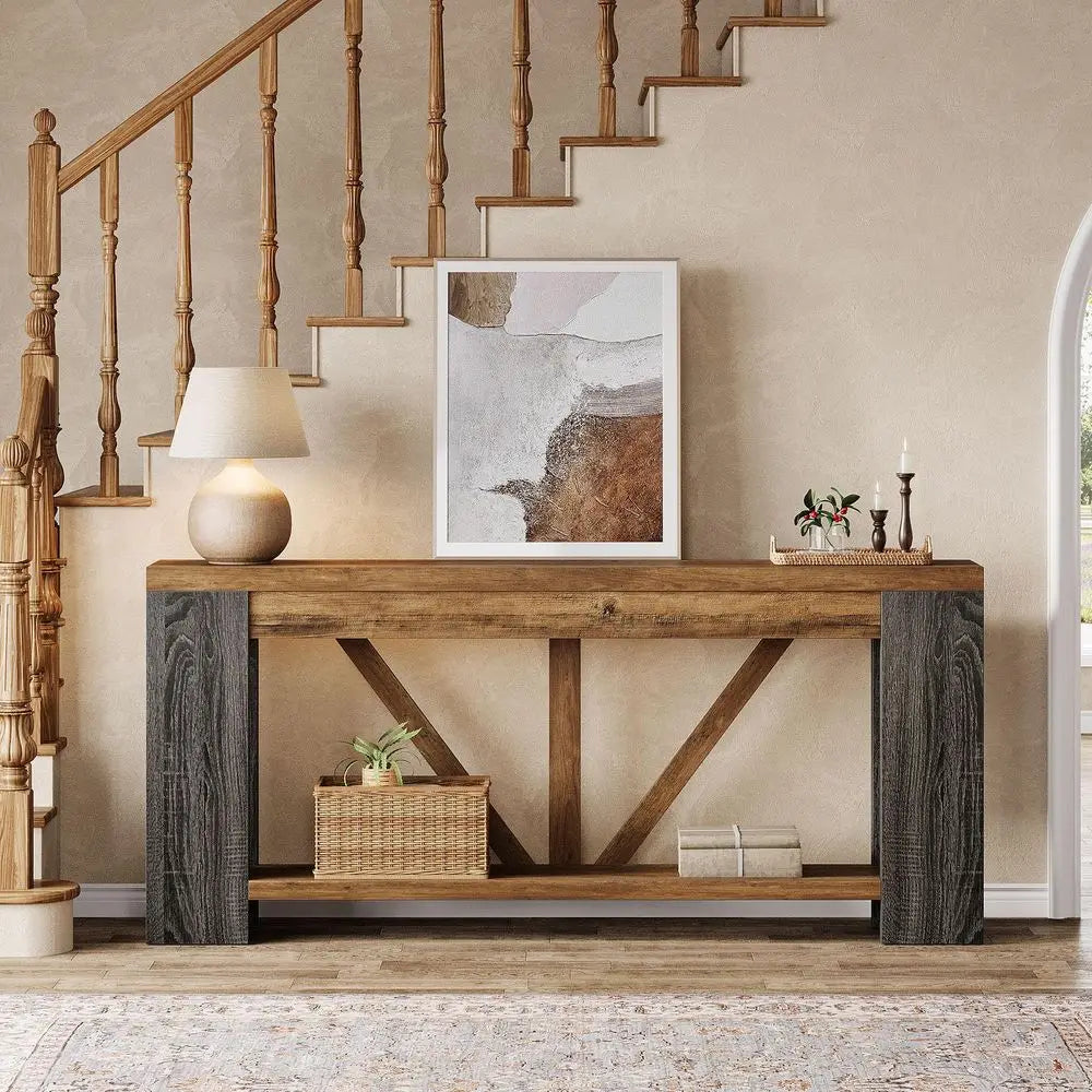 Narrow Farmhouse Console Table With Storage Shelf For Hallway