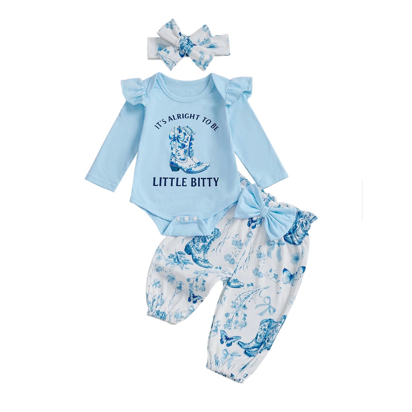 Baby Girl Western 3 Piece Set Romper Floral Pants Headband