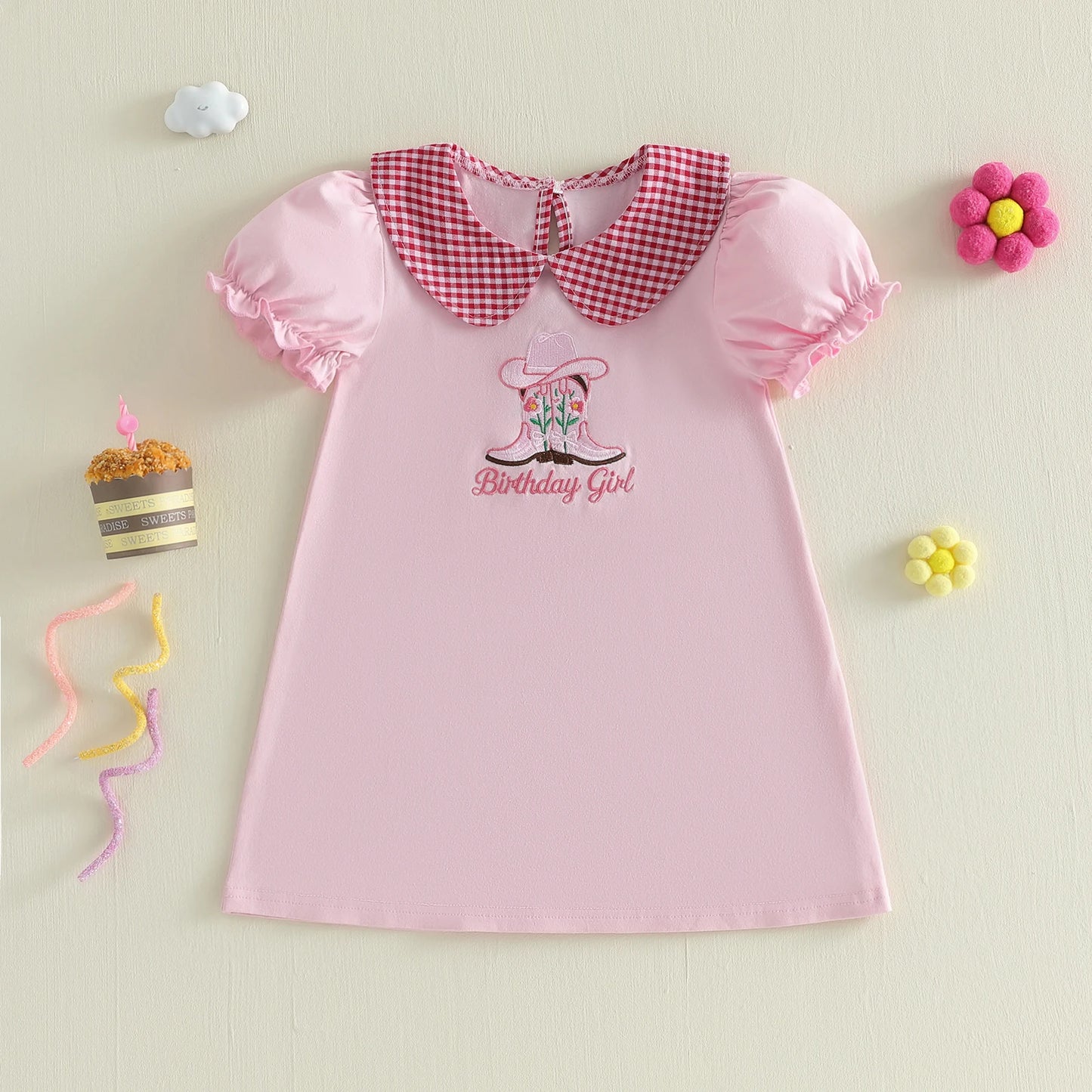 Infant Girls Western Cowgirl Dress With Embroidered Puff Sleeves