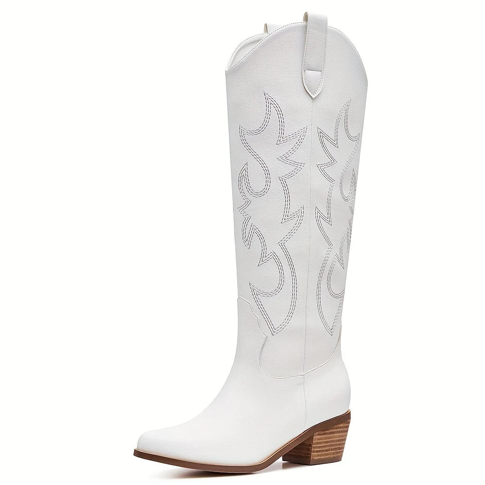 Western Embroidered Knee High Boots For Women Point Toe Heels