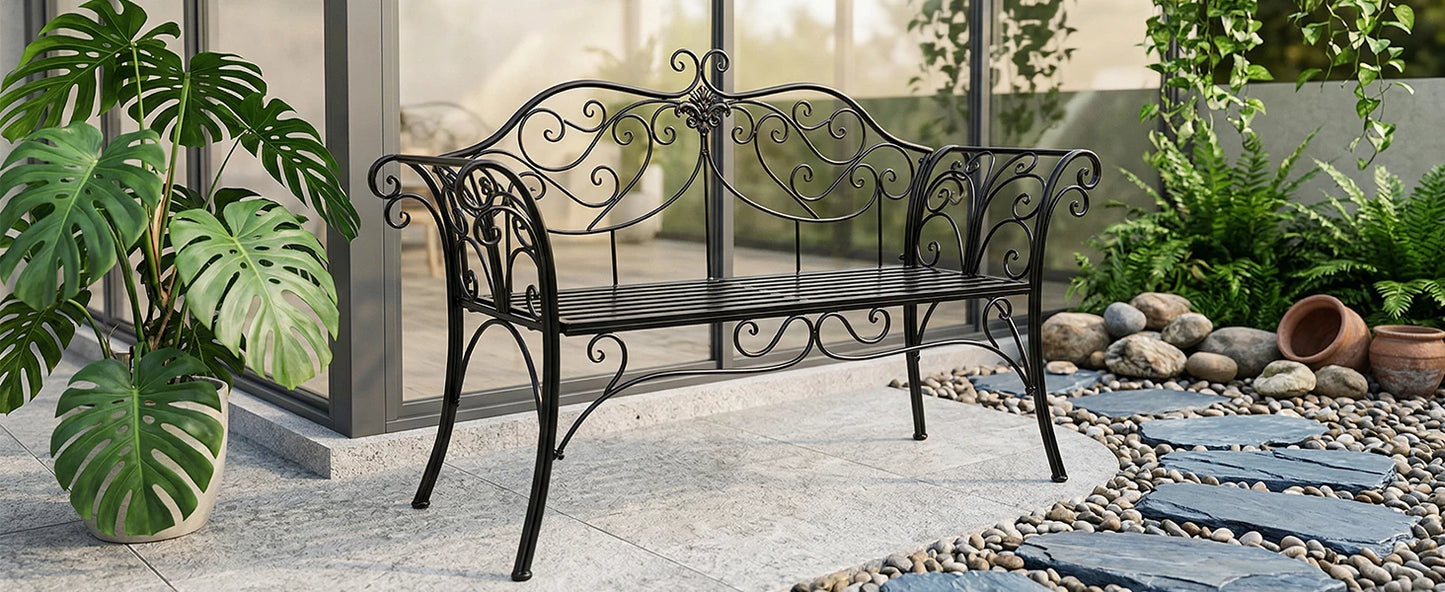 Wrought Iron Garden Bench Outdoor Rustproof Decorative Backrest