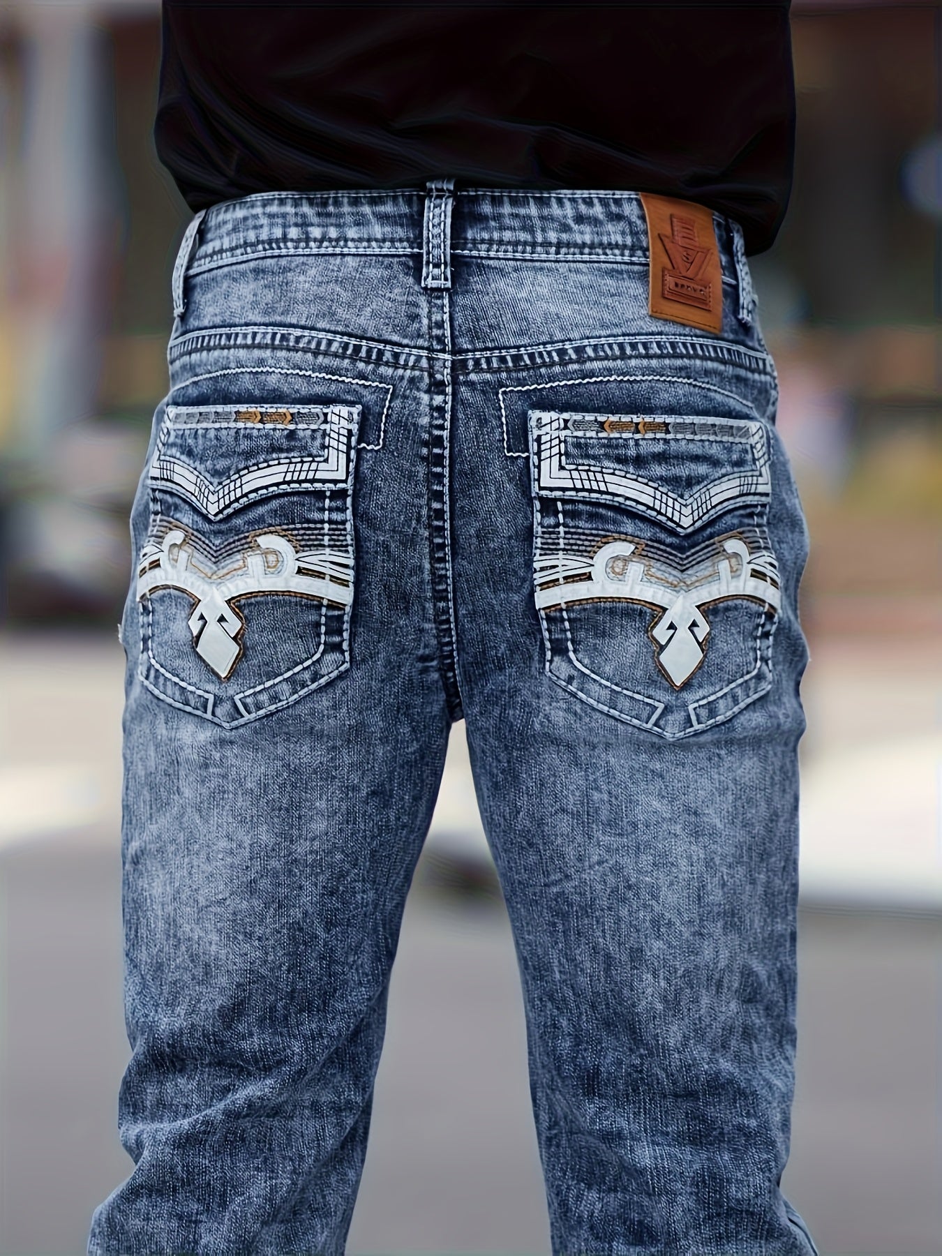 ESDVQ Men's Classic Embroidered Straight-Leg Stretch Denim Pants With Comfortability