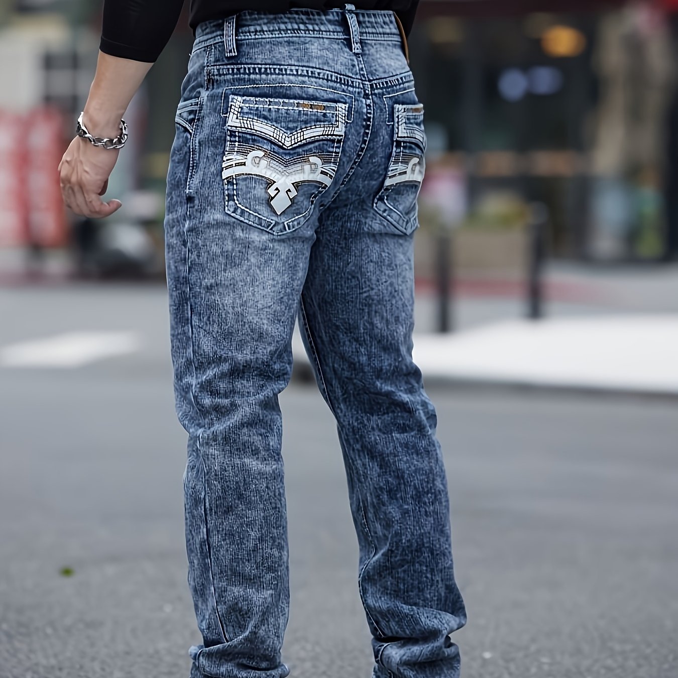 ESDVQ Men's Classic Embroidered Straight-Leg Stretch Denim Pants With Comfortability