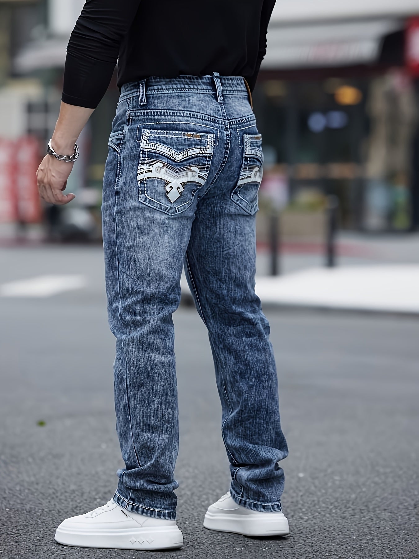 ESDVQ Men's Classic Embroidered Straight-Leg Stretch Denim Pants With Comfortability