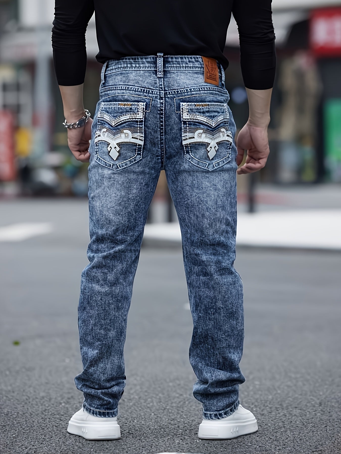 ESDVQ Men's Classic Embroidered Straight-Leg Stretch Denim Pants With Comfortability
