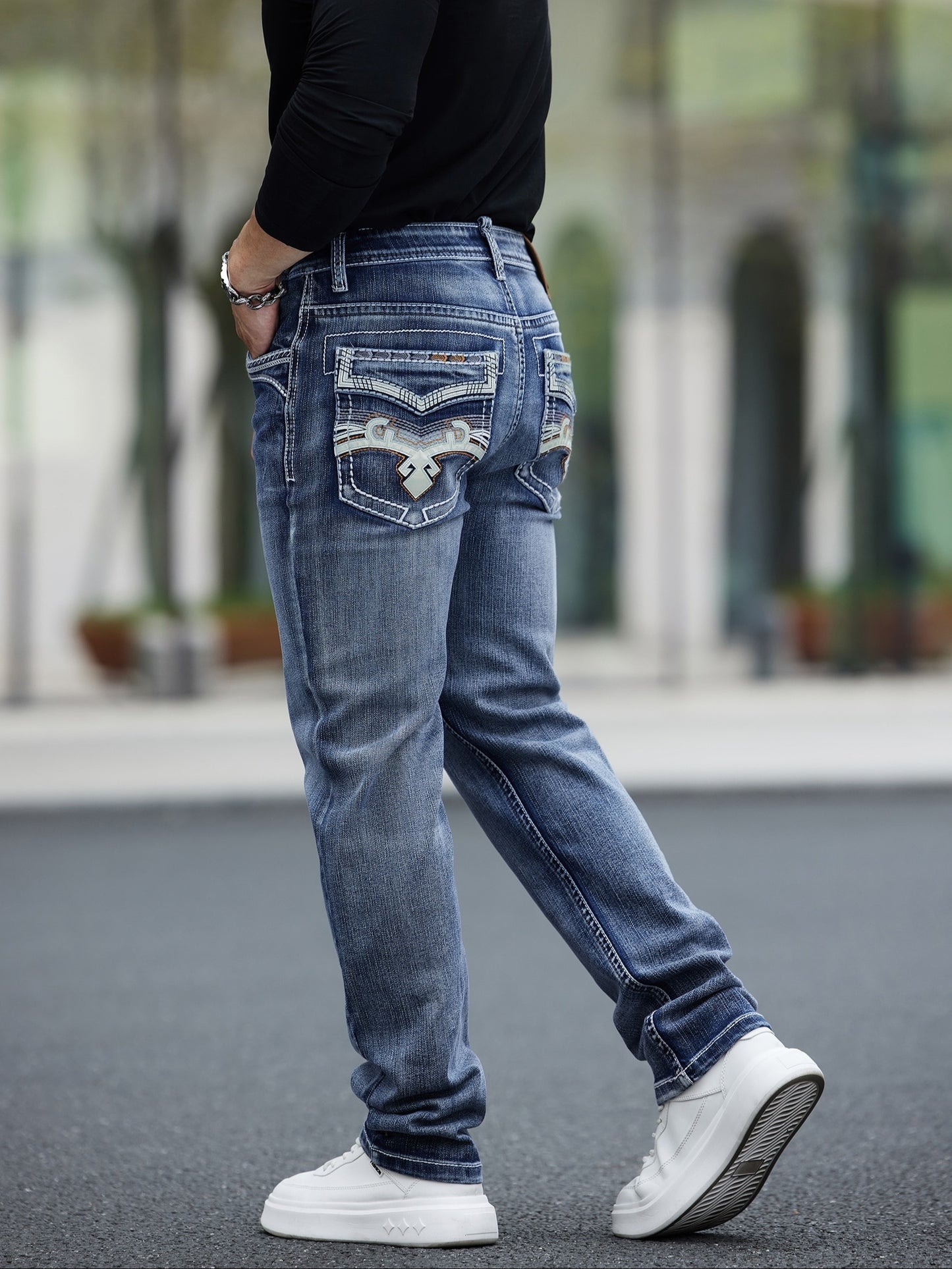 ESDVQ Men's Classic Embroidered Straight-Leg Stretch Denim Pants With Comfortability