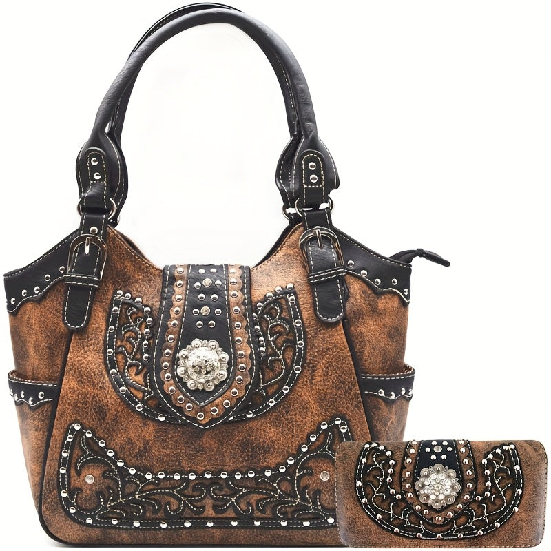 Western Rhinestone Concho Purse and Wallet Set for Cowgirl