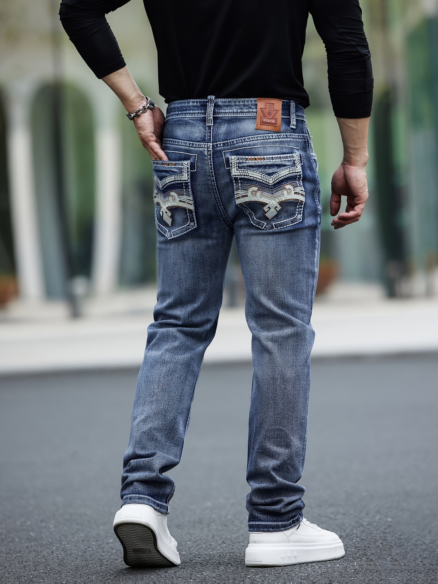 ESDVQ Men's Classic Embroidered Straight-Leg Stretch Denim Pants With Comfortability