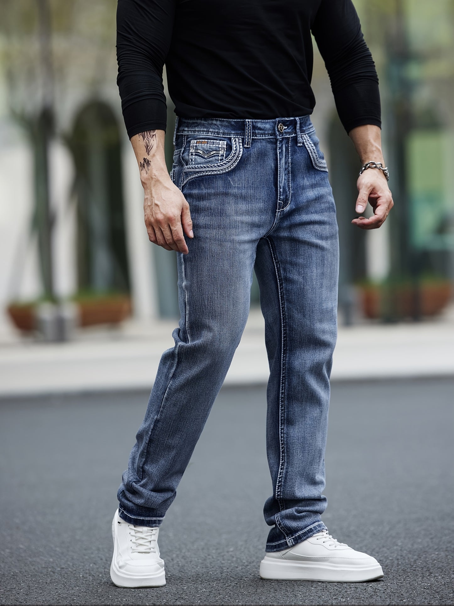 ESDVQ Men's Classic Embroidered Straight-Leg Stretch Denim Pants With Comfortability