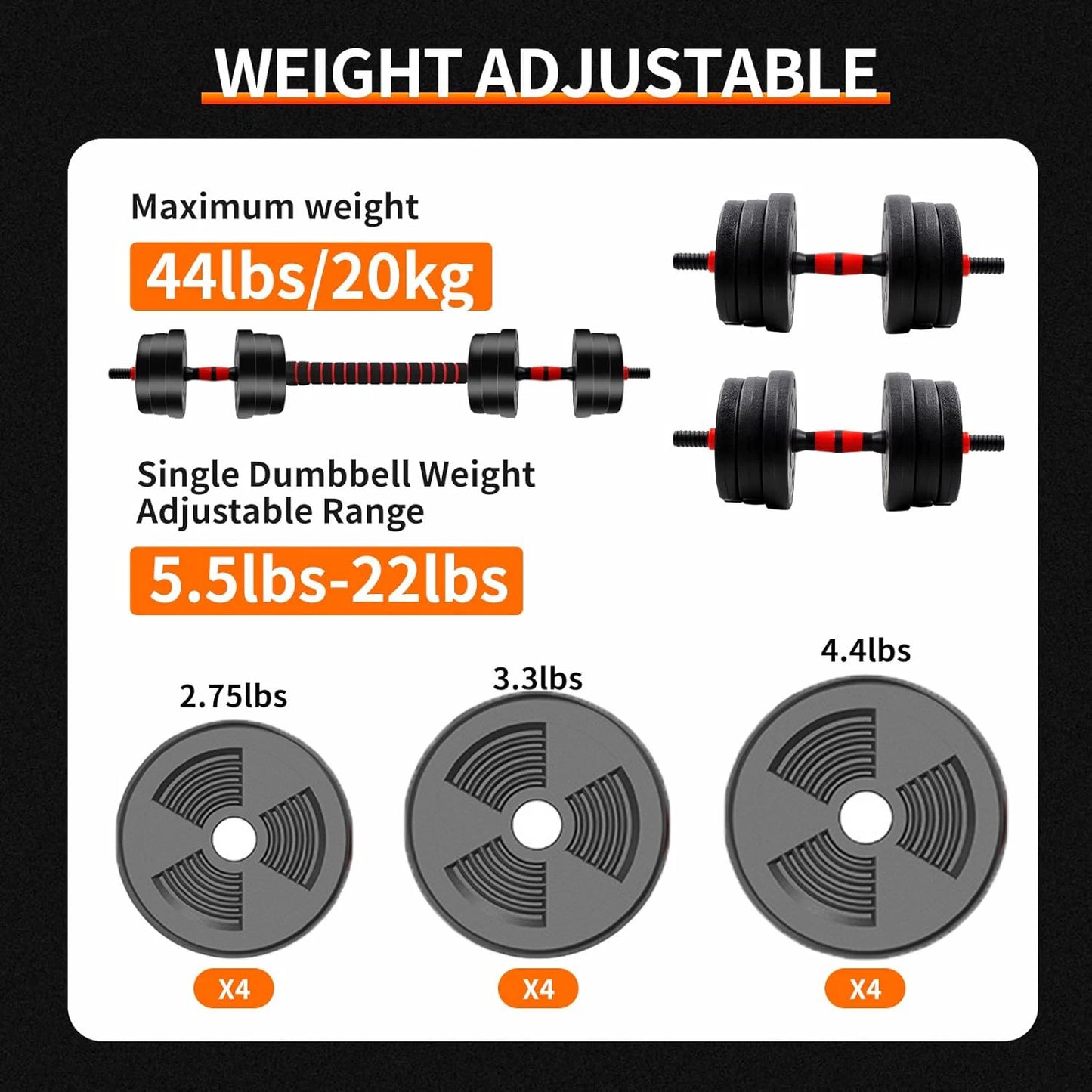 Adjustable Dumbbell Barbell Set 5-44lbs With Anti Slip Grip