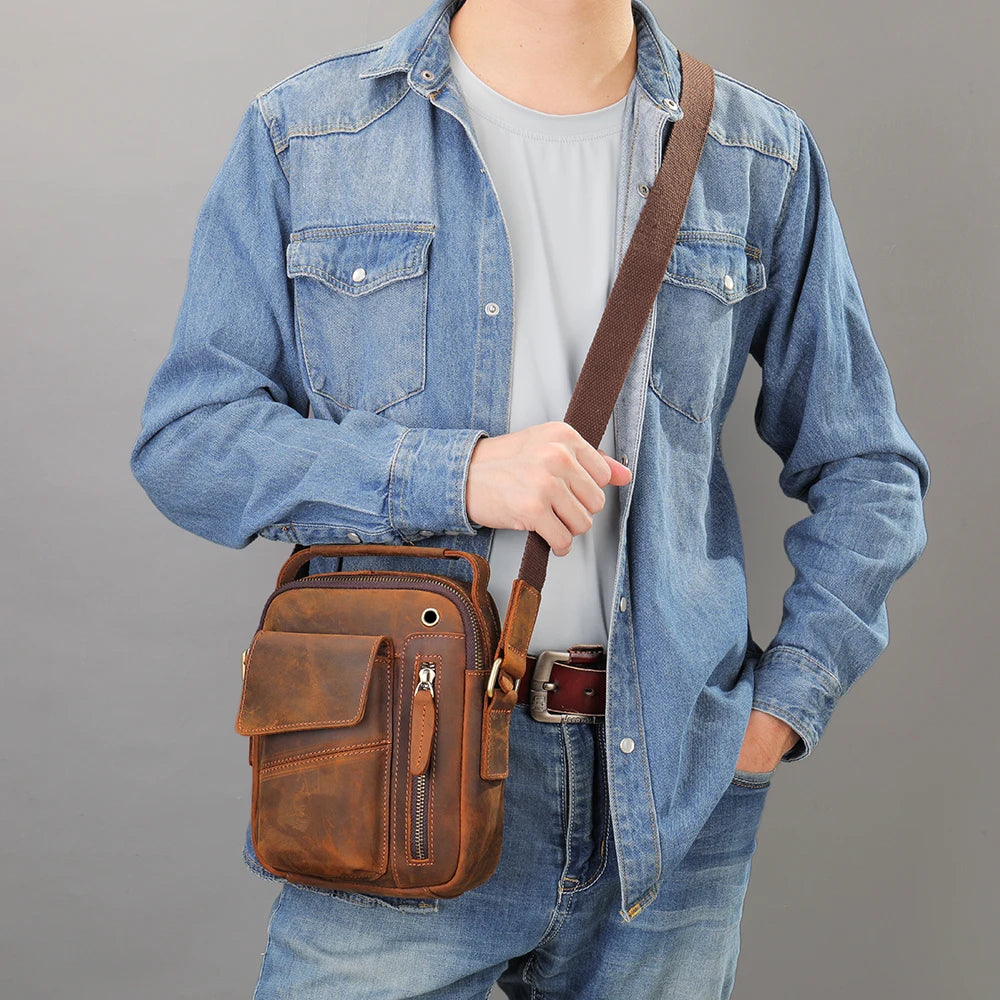 WESTAL Crazy Horse Leather Messenger Bag for Men USB Charging