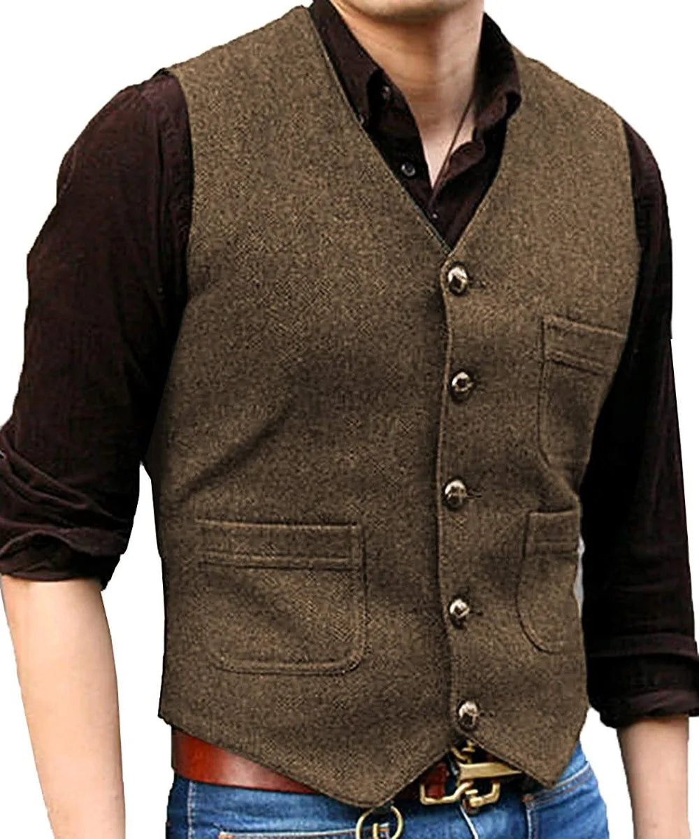 SOLOVEDRESSCN Men's Formal V Neck Wool Herringbone Tweed Waistcoat