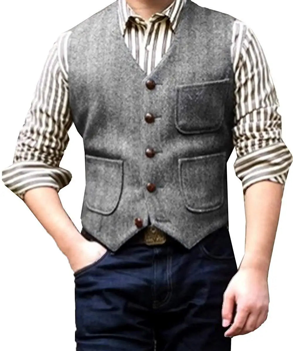 SOLOVEDRESSCN Men's Formal V Neck Wool Herringbone Tweed Waistcoat