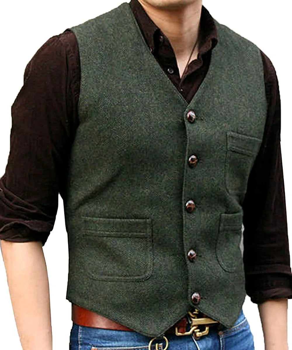 SOLOVEDRESSCN Men's Formal V Neck Wool Herringbone Tweed Waistcoat