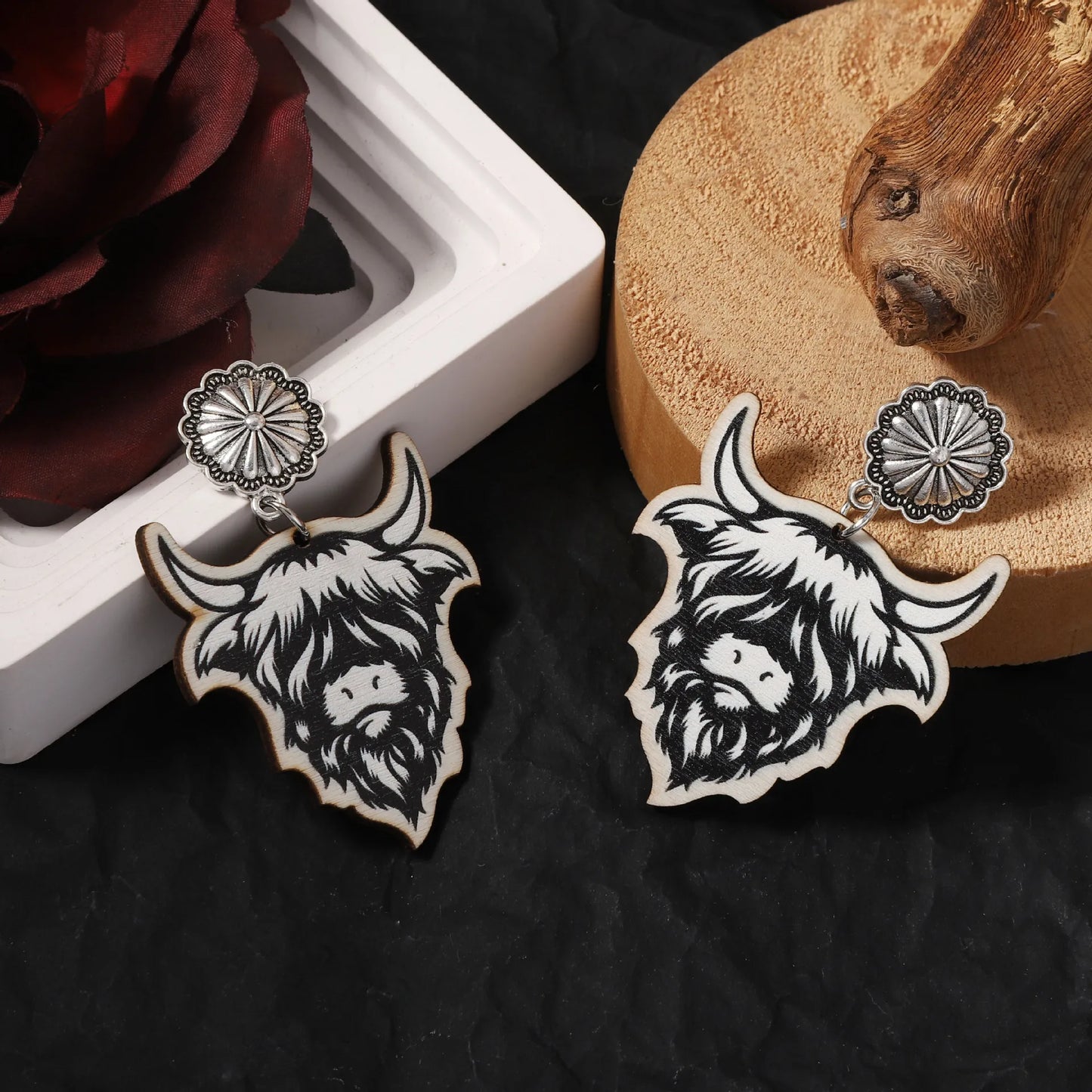 Halloween Fashion Western Cowboy Style Printed Wooden Creative Farm Highland Consumption Cow Earrings Personality Trend
