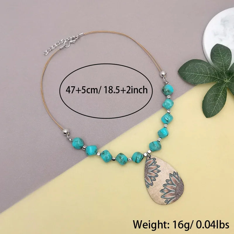 NONECN Western Farm Style Wooden Water Drops Sunflower Pendant Necklace