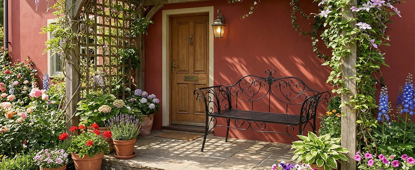 Wrought Iron Garden Bench Outdoor Rustproof Decorative Backrest