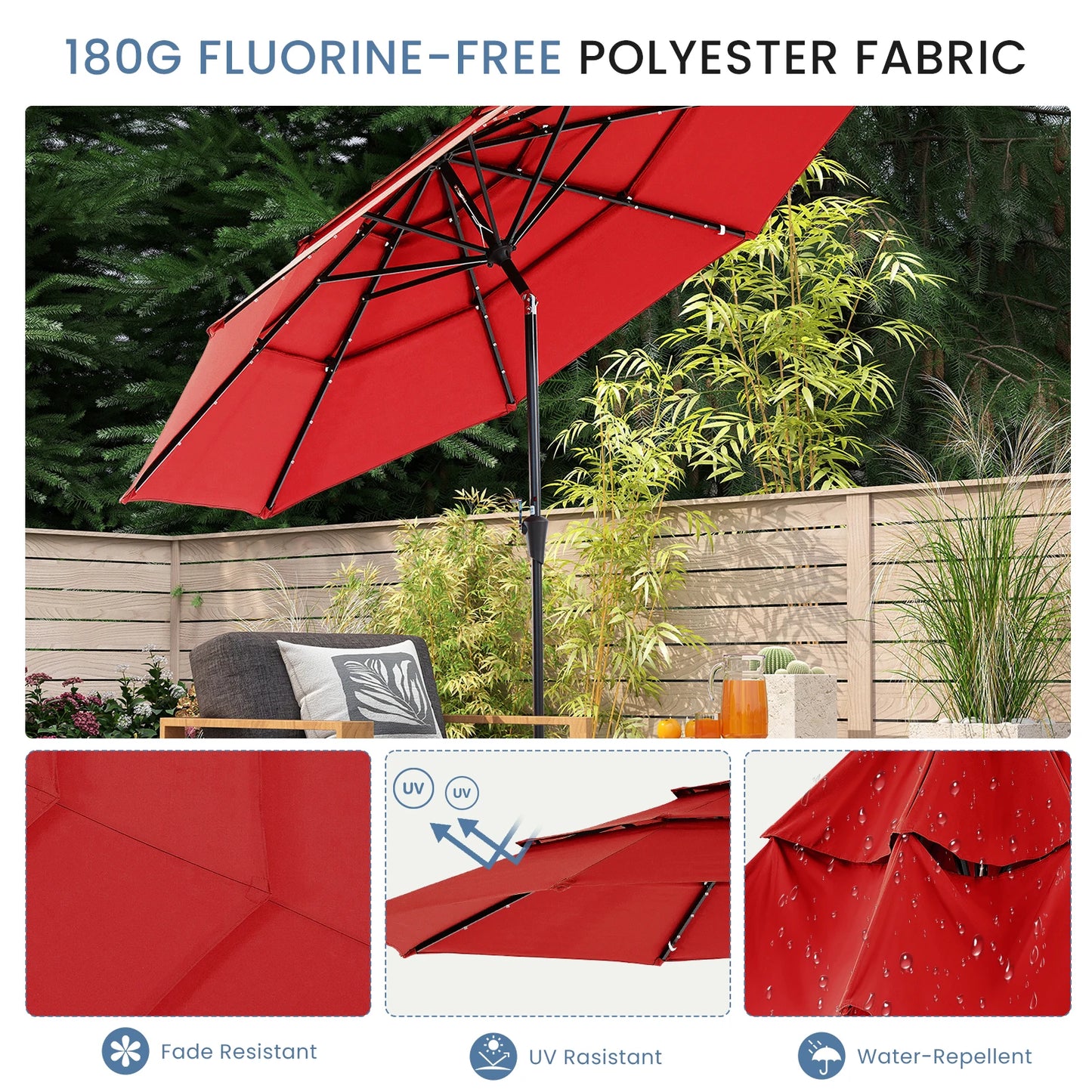 Solar Patio Umbrella With 32 LED Lights Tilt Adjustment Lift