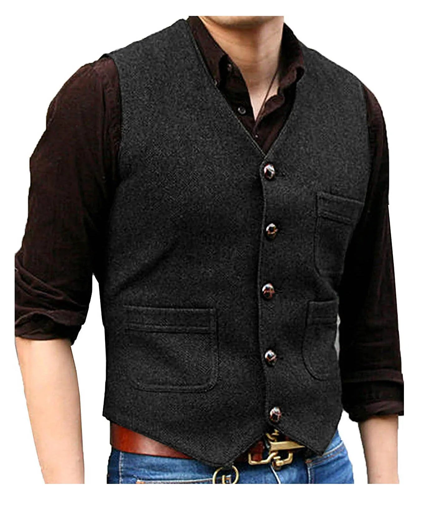 SOLOVEDRESSCN Men's Formal V Neck Wool Herringbone Tweed Waistcoat