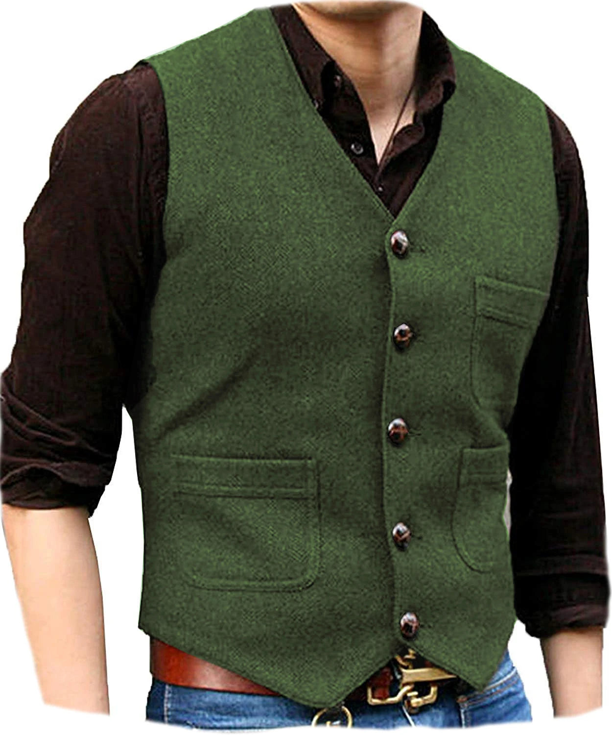 SOLOVEDRESSCN Men's Formal V Neck Wool Herringbone Tweed Waistcoat