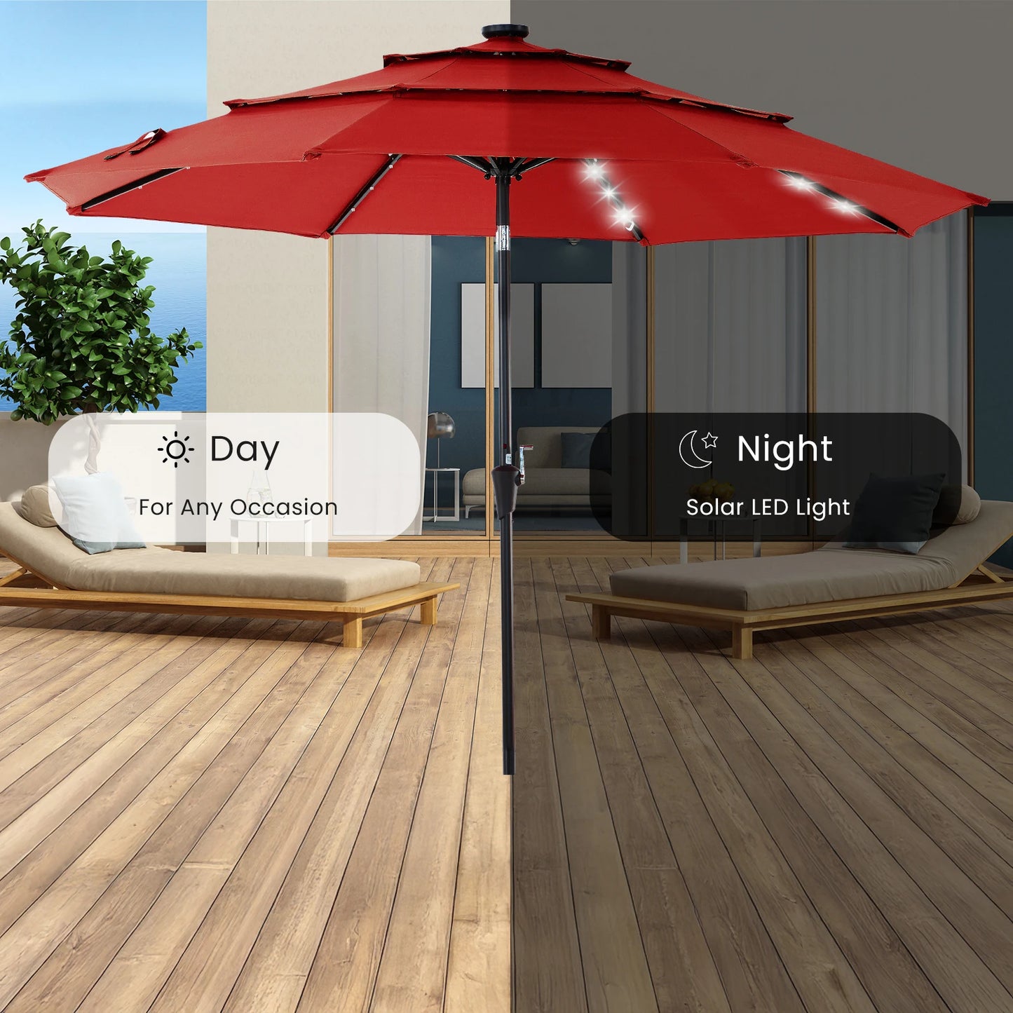 Solar Patio Umbrella With 32 LED Lights Tilt Adjustment Lift