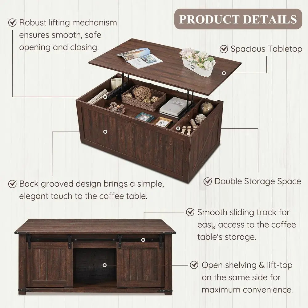 Lift Top Coffee Table With Storage And Sliding Barn Door