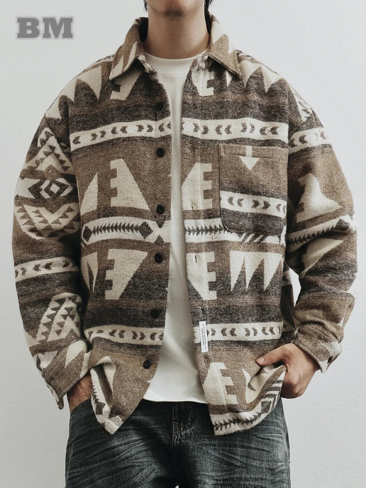 Bird Mountain Japanese Vintage Wool Shirt Ethnic Tribal Print Long Sleeve
