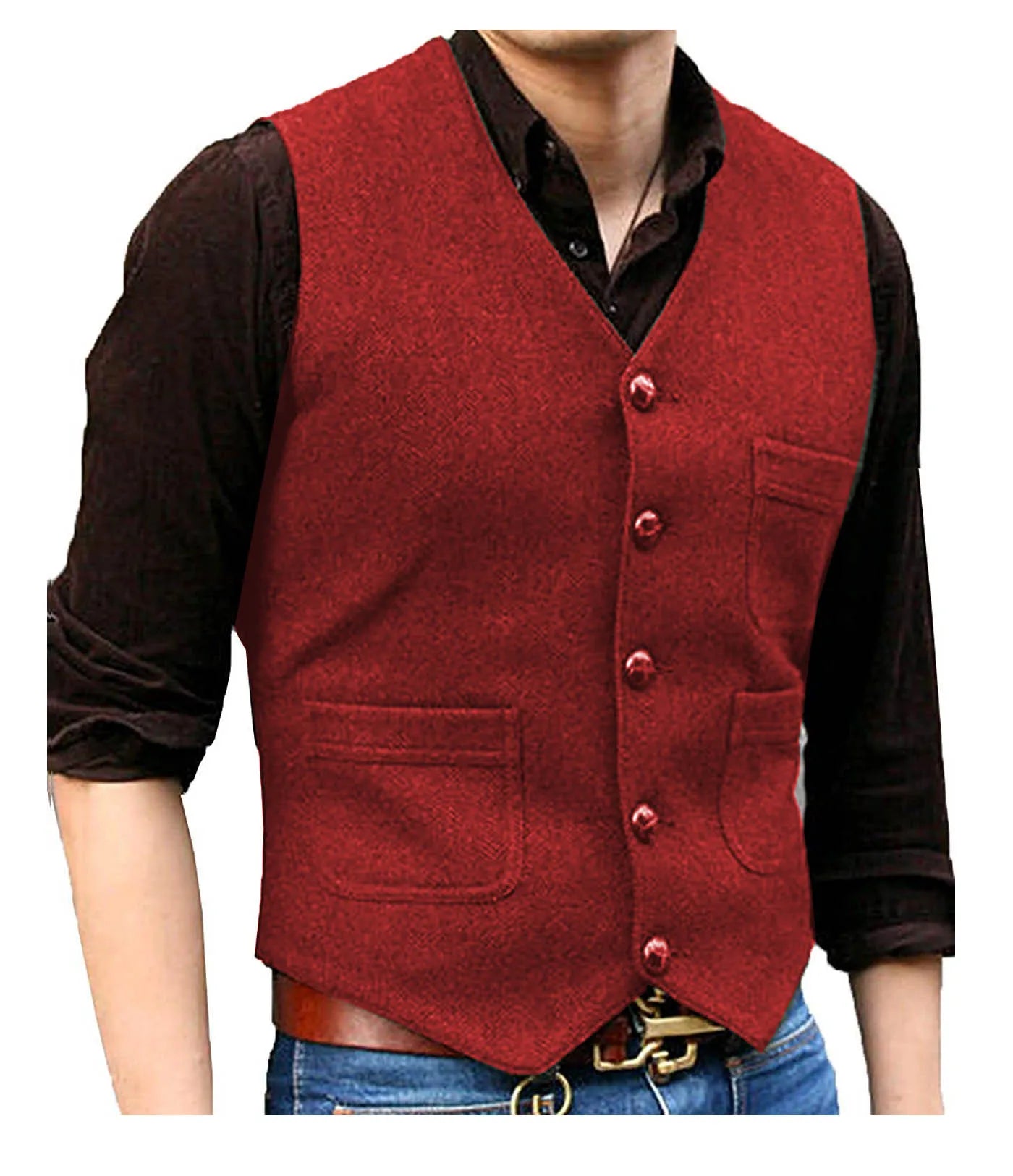 SOLOVEDRESSCN Men's Formal V Neck Wool Herringbone Tweed Waistcoat