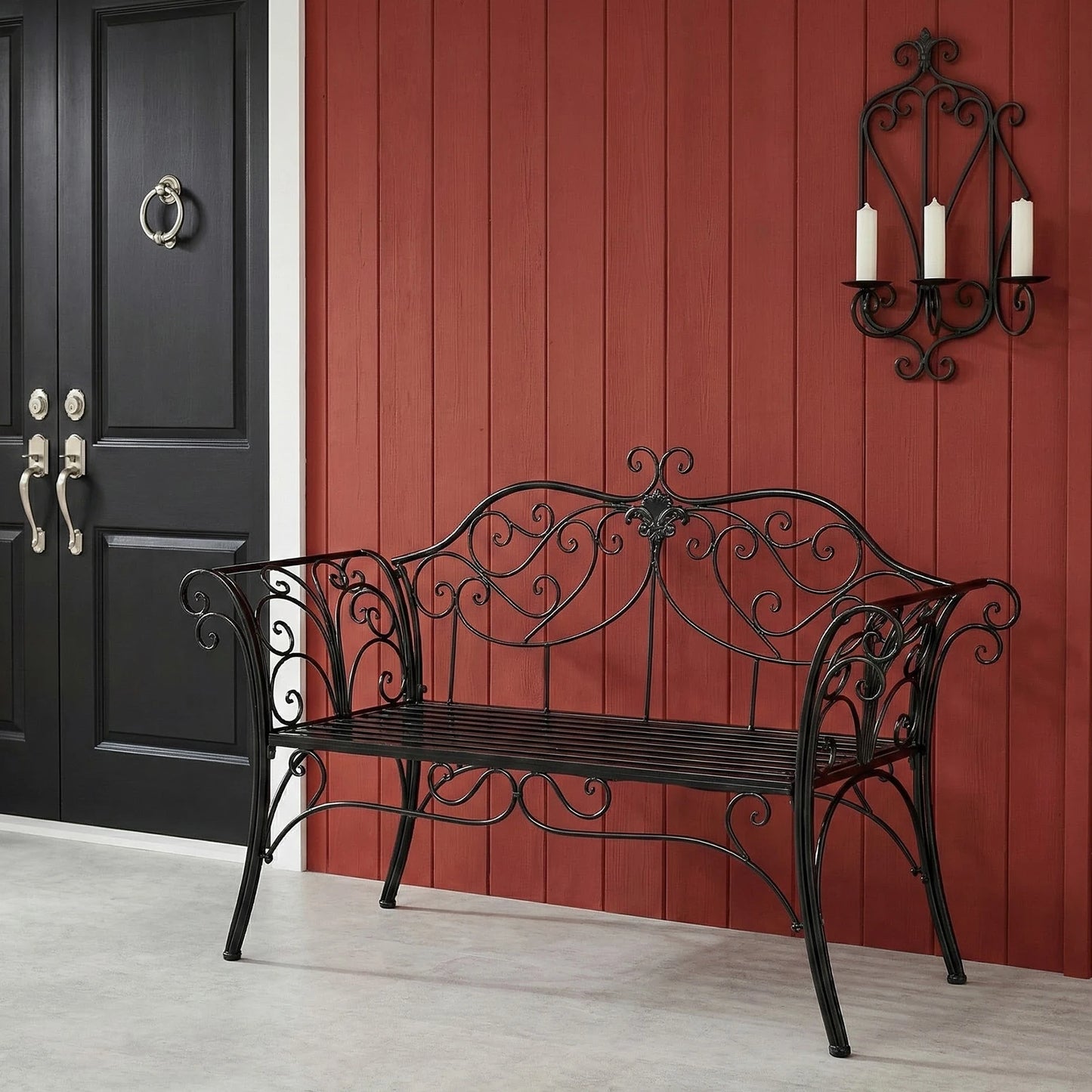 Wrought Iron Garden Bench Outdoor Rustproof Decorative Backrest