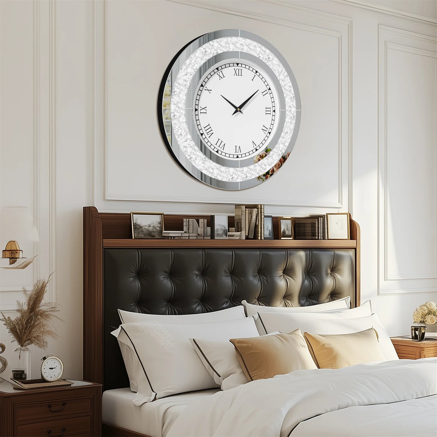 Round Mirrored Wall Clock with Crystal Sparkle Bling