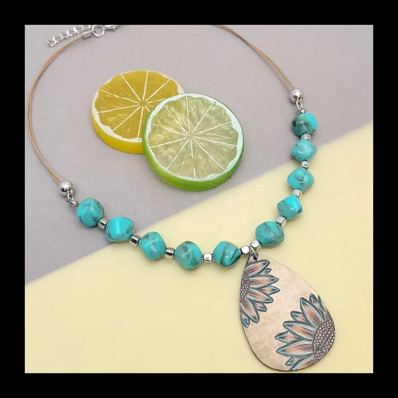 NONECN Western Farm Style Wooden Water Drops Sunflower Pendant Necklace