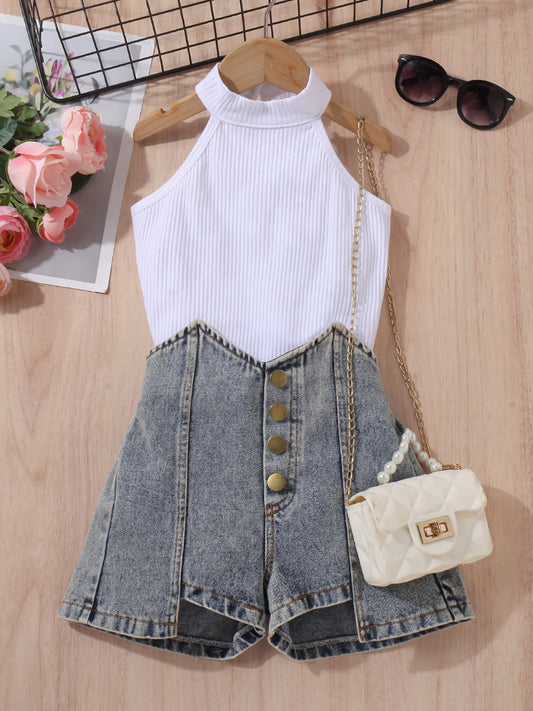 Toddler Girls Tank Top and Faux Denim Shorts Set