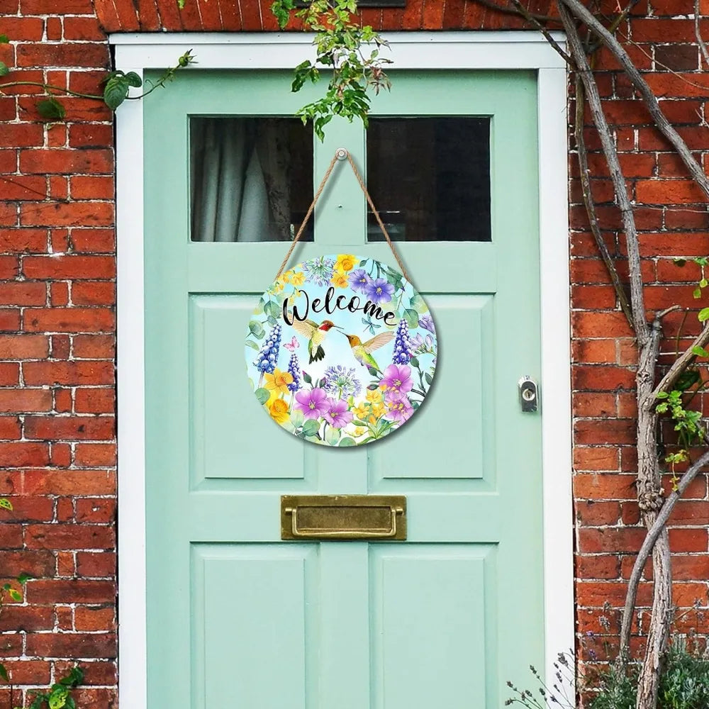 Spring Flowers Hummingbird Round Wooden Sign for Farmhouse Decor