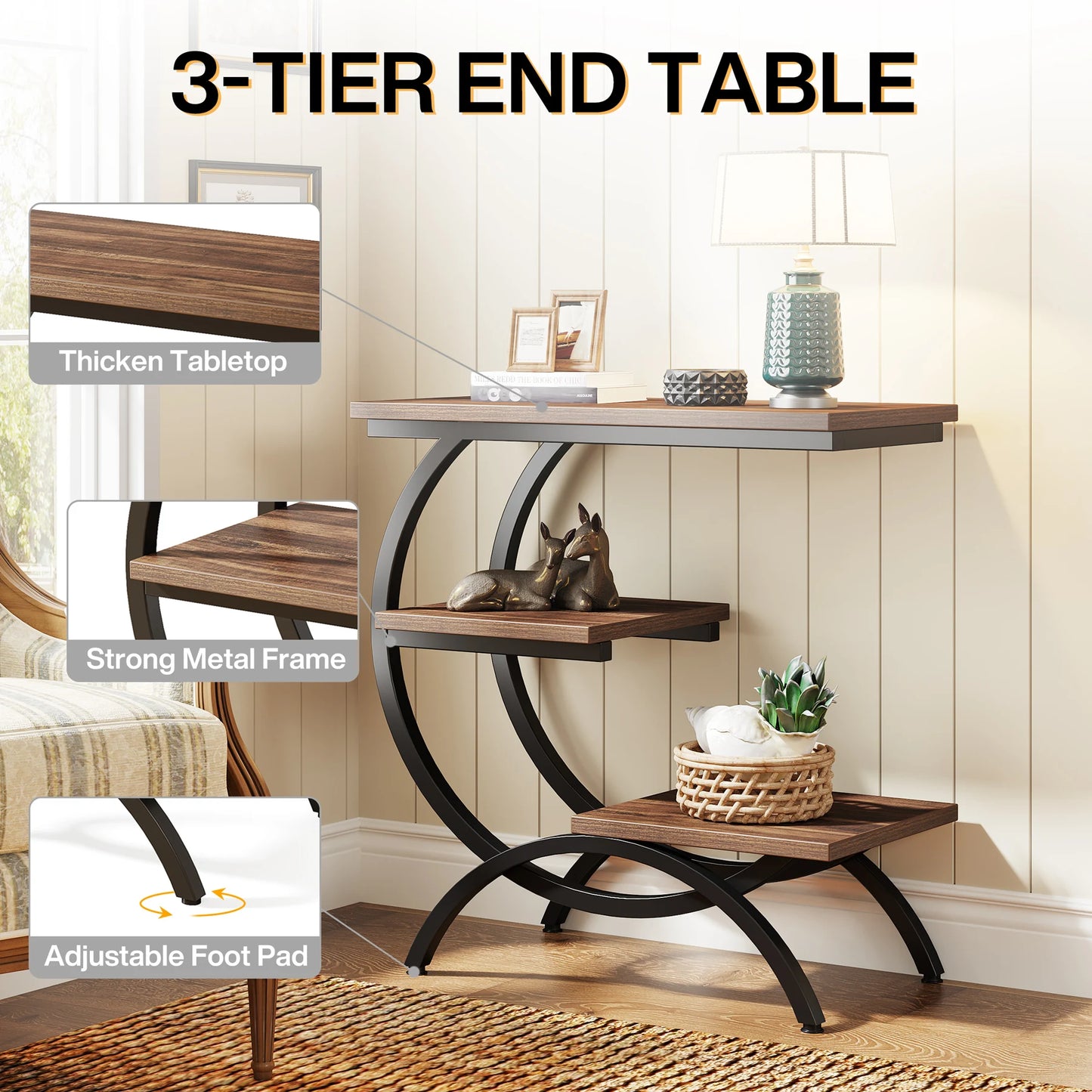 Tribesigns C-Shaped End Table Industrial 3-Tier With Storage Shelves