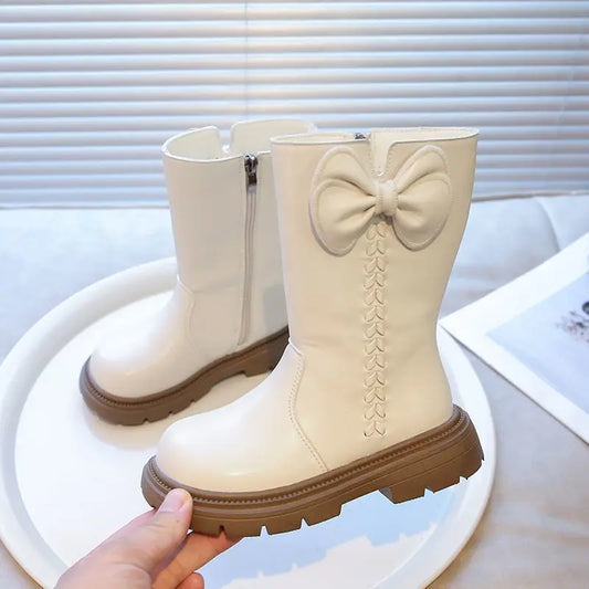 Shangkaka Girls Mid Calf Leather Boots Winter Princess Style