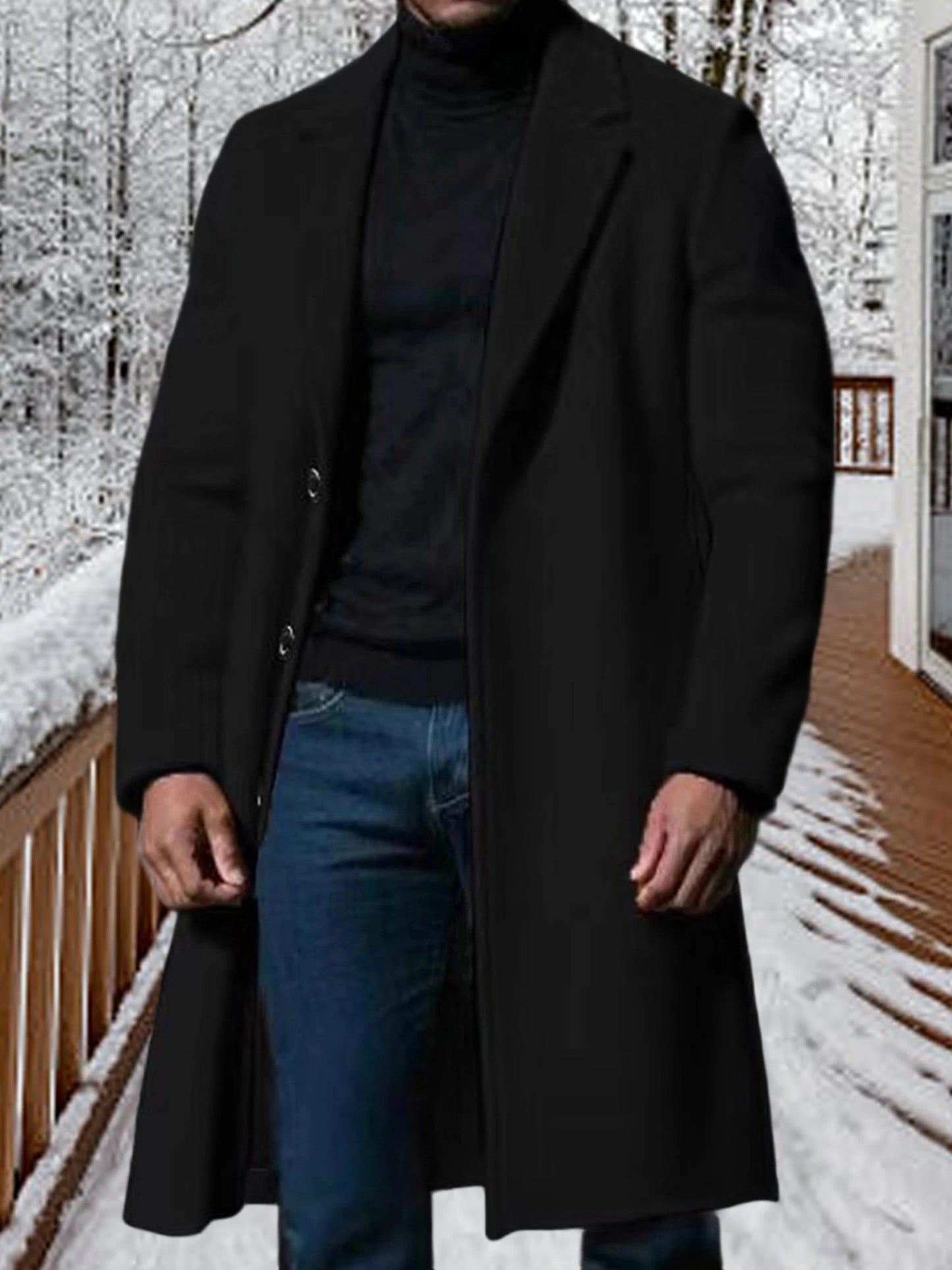 NONECN Mens Classic Wool Blend Pea Coat With Notched Lapel Overcoat