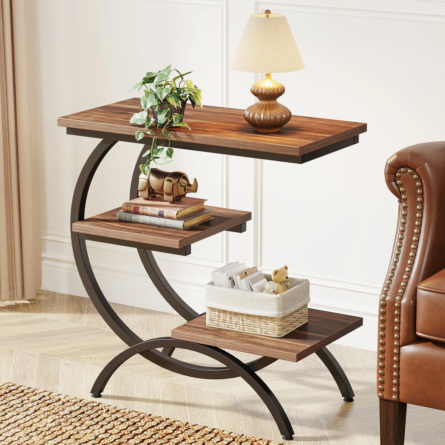 Tribesigns C-Shaped End Table Industrial 3-Tier With Storage Shelves