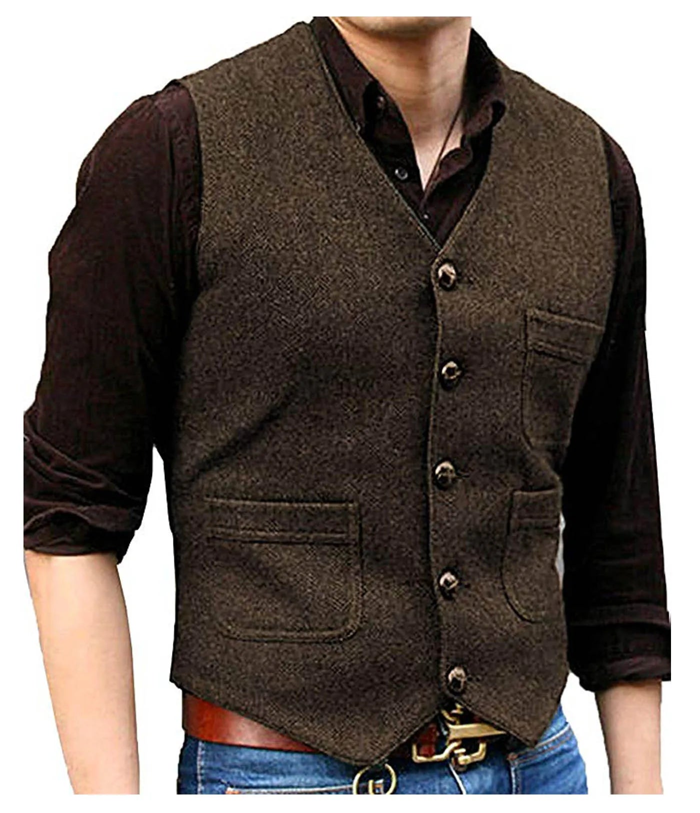 SOLOVEDRESSCN Men's Formal V Neck Wool Herringbone Tweed Waistcoat