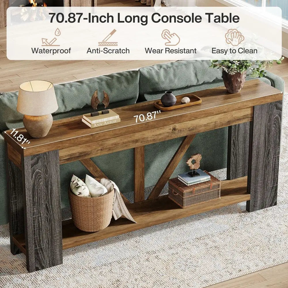 Narrow Farmhouse Console Table With Storage Shelf For Hallway