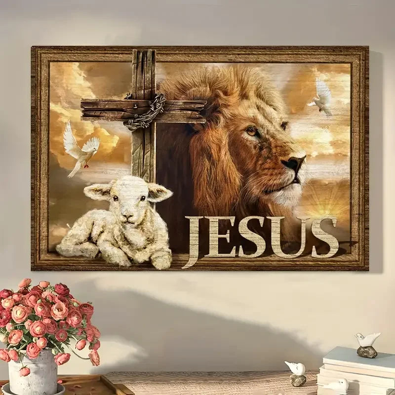 NONECN Unframed Canvas Print Animal Wall Art Lamb Cross Lion