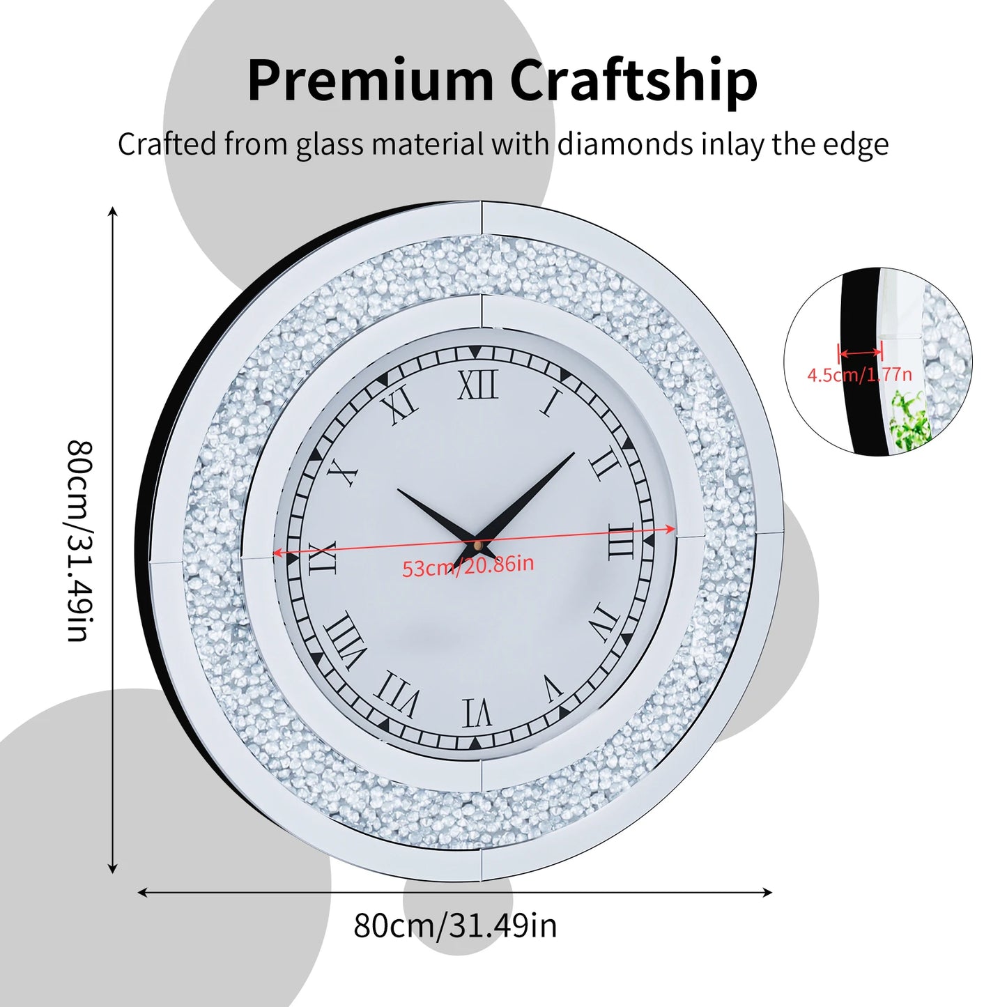 Round Mirrored Wall Clock with Crystal Sparkle Bling