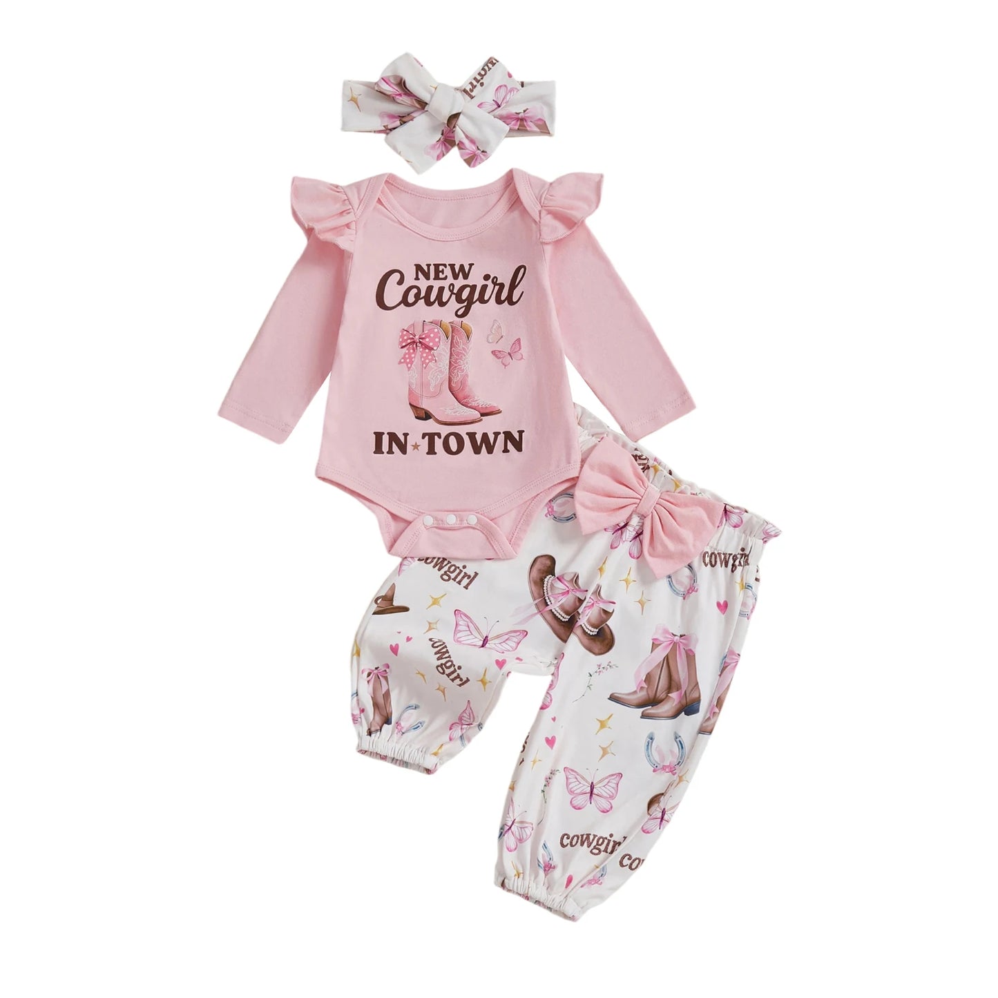 Baby Girl Western 3 Piece Set Romper Floral Pants Headband
