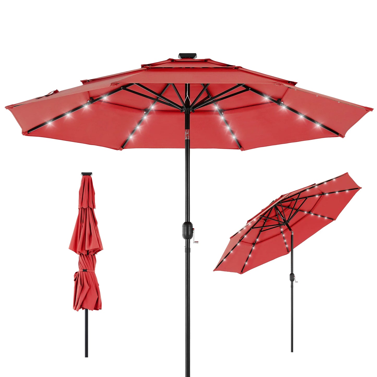 Solar Patio Umbrella With 32 LED Lights Tilt Adjustment Lift