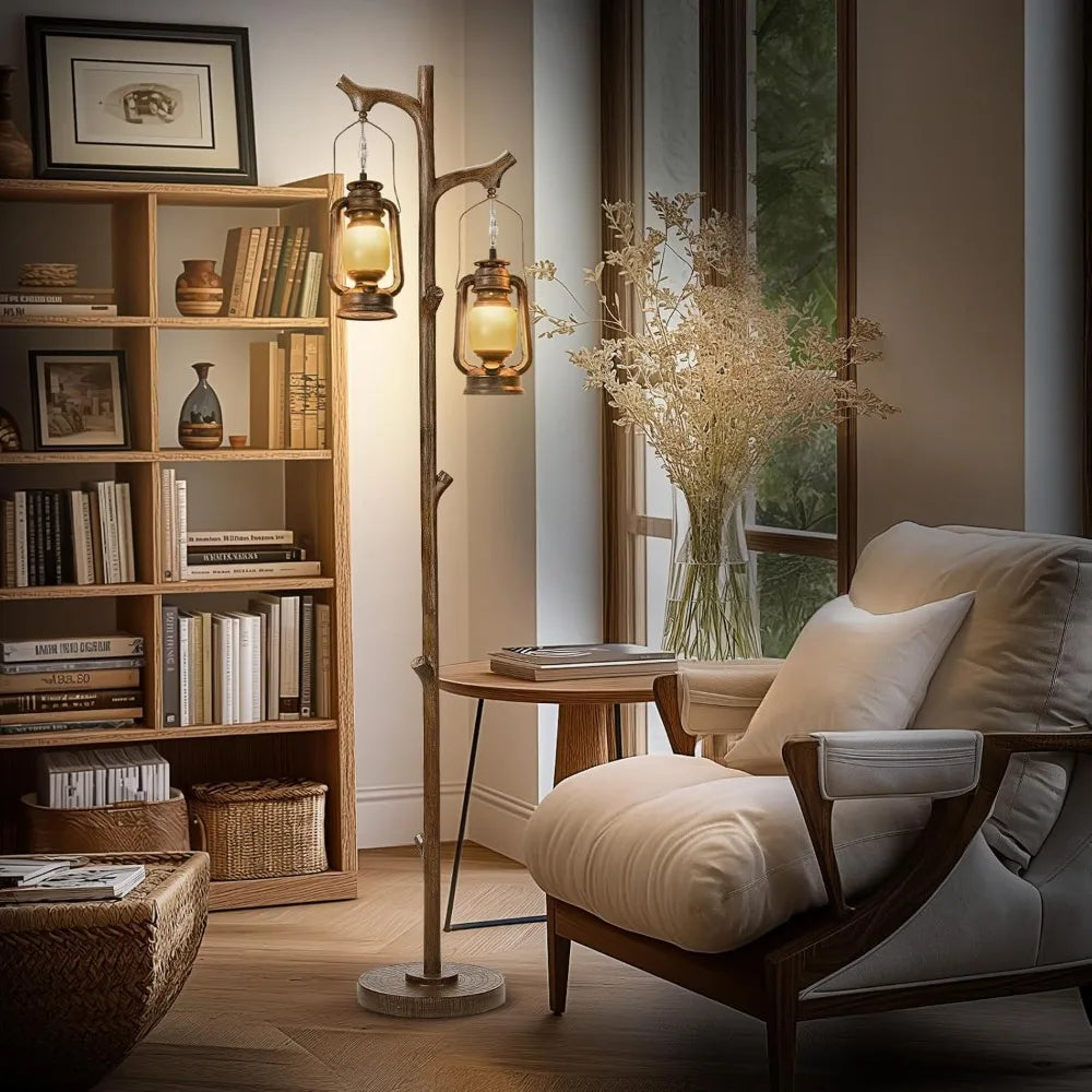 Rustic Farmhouse Bamboo Tree Trunk Floor Lamp Lantern Dimmer