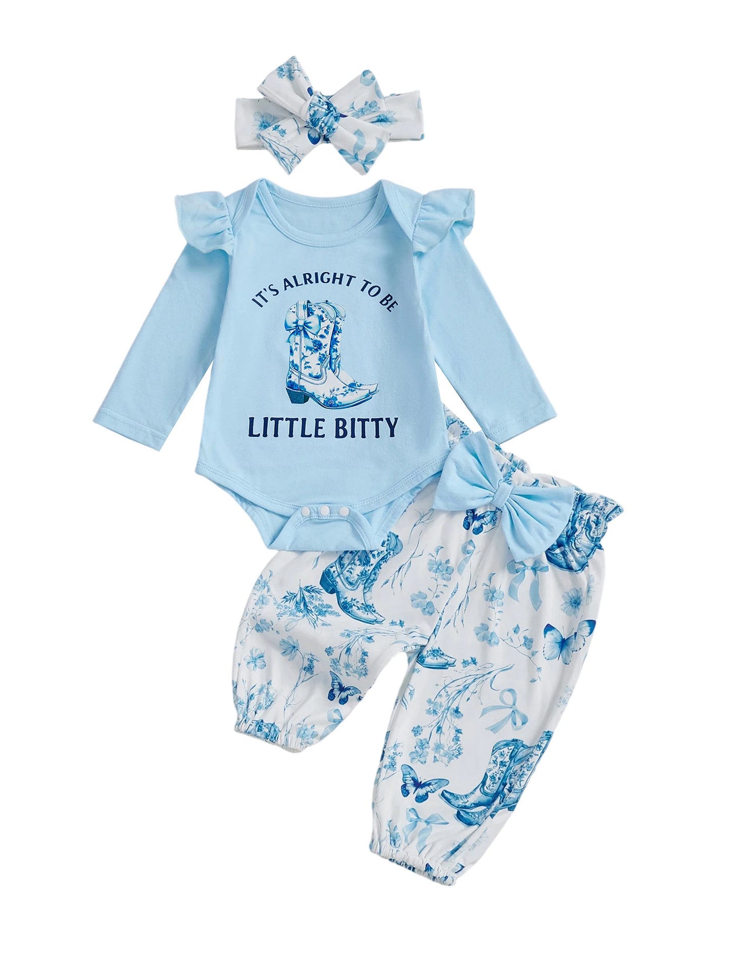 Baby Girl Western 3 Piece Set Romper Floral Pants Headband