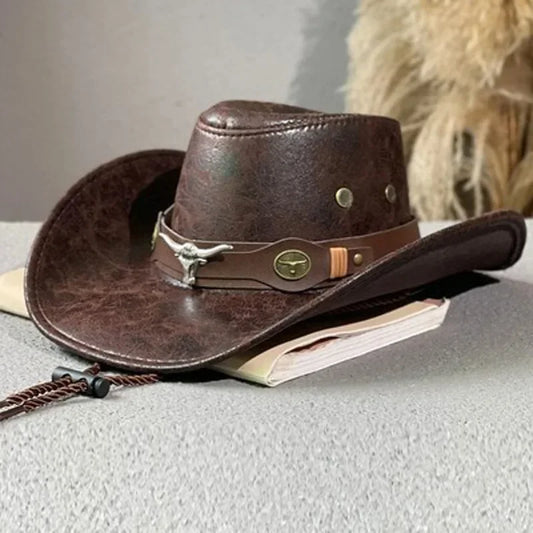 NONECN Vintage Western Cowboy Hat Ox Head Belt Rivet Fedora Unisex