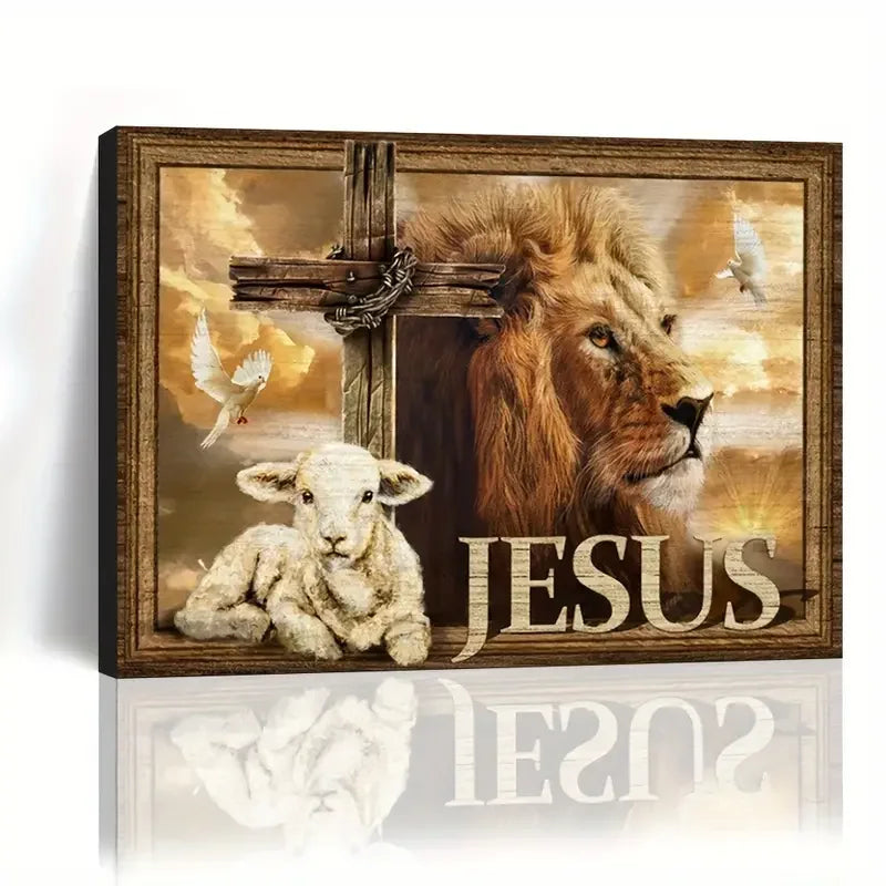 NONECN Unframed Canvas Print Animal Wall Art Lamb Cross Lion